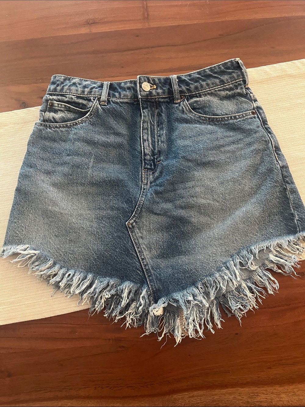 We The Free Distressed Frayed Hem Denim Mini Skirt - Blue